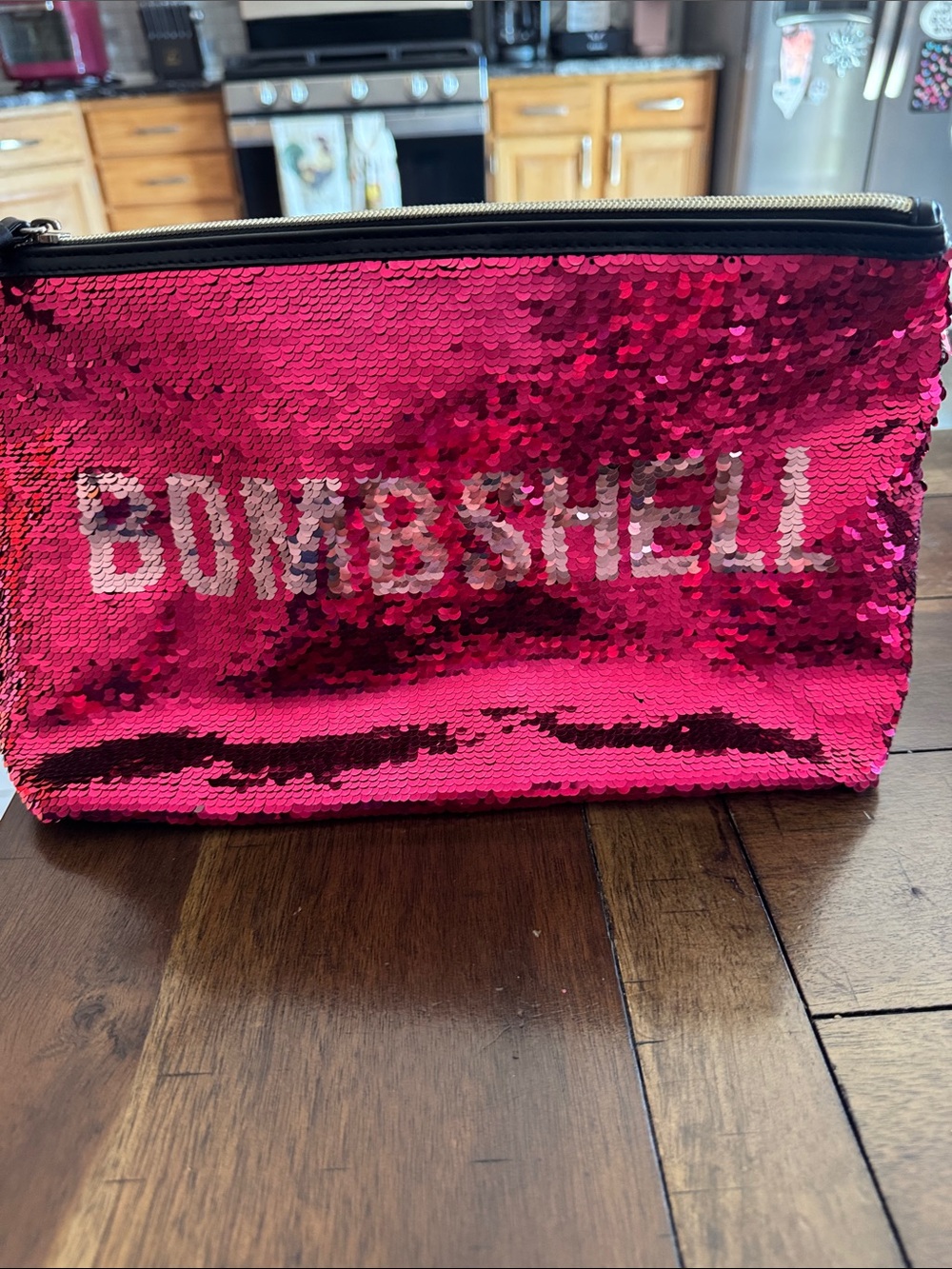 Victoria's Secret Pink Sequin Cosmetic Pouch with 'BOMBSHELL' Lettering